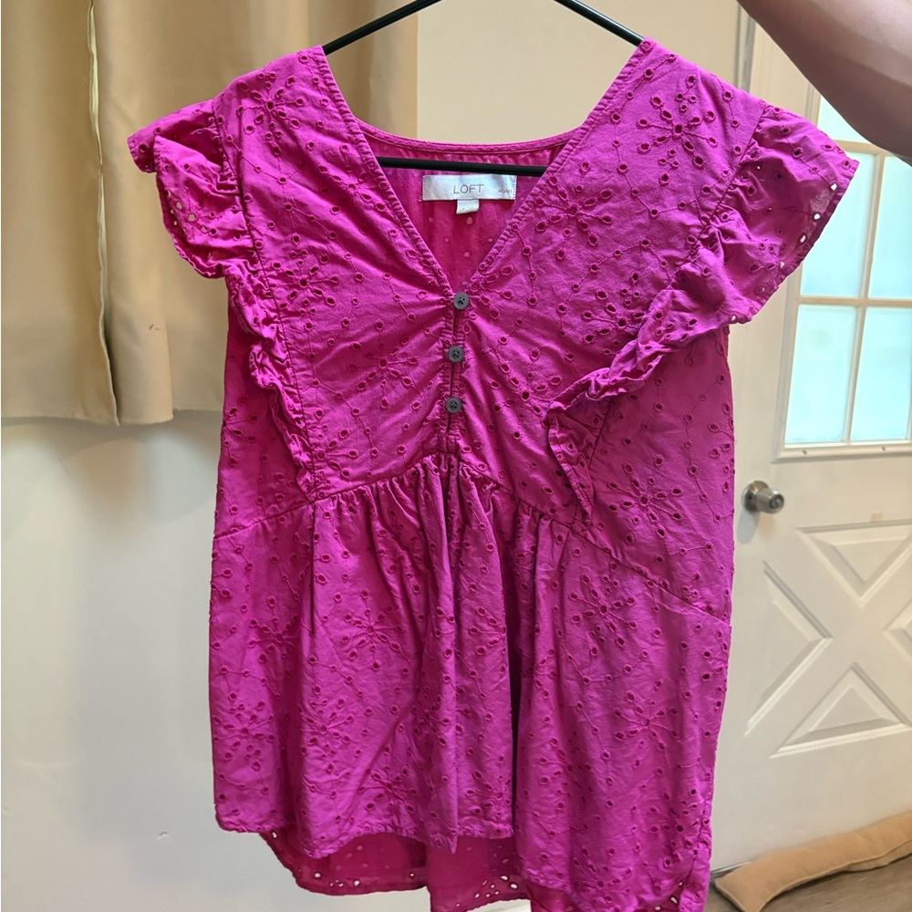 LOFT Fuchsia Eyelet Blouse with Ruffle Sleeves